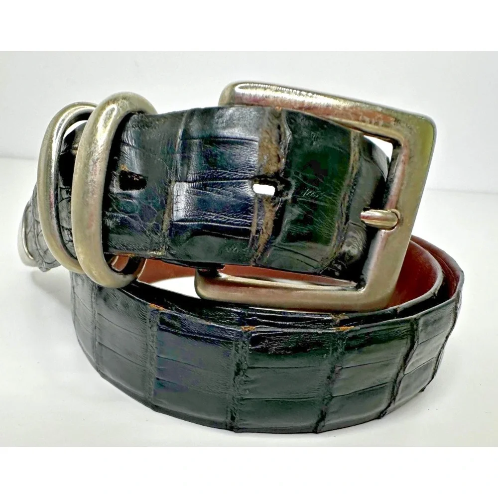 Bespoke Genuine Crocodile Black Leather belt Sz 38 Silver Tone Brass Buckle USA